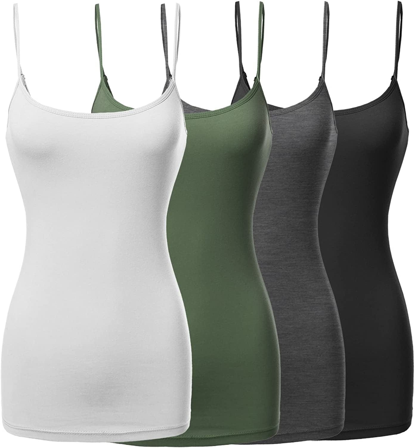 Women'S Basic Solid Long Length Adjustable Spaghetti Strap Tank Top [4PACK] Fwttk045 Black/White/Charcoal/Olive / X-Large