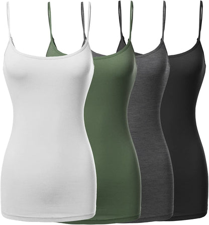 Women'S Basic Solid Long Length Adjustable Spaghetti Strap Tank Top [4PACK] Fwttk045 Black/White/Charcoal/Olive / X-Large