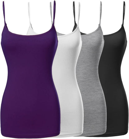 Women'S Basic Solid Long Length Adjustable Spaghetti Strap Tank Top [4PACK] Fwttk045 Black/White/Hgrey/Darkpurple / X-Large