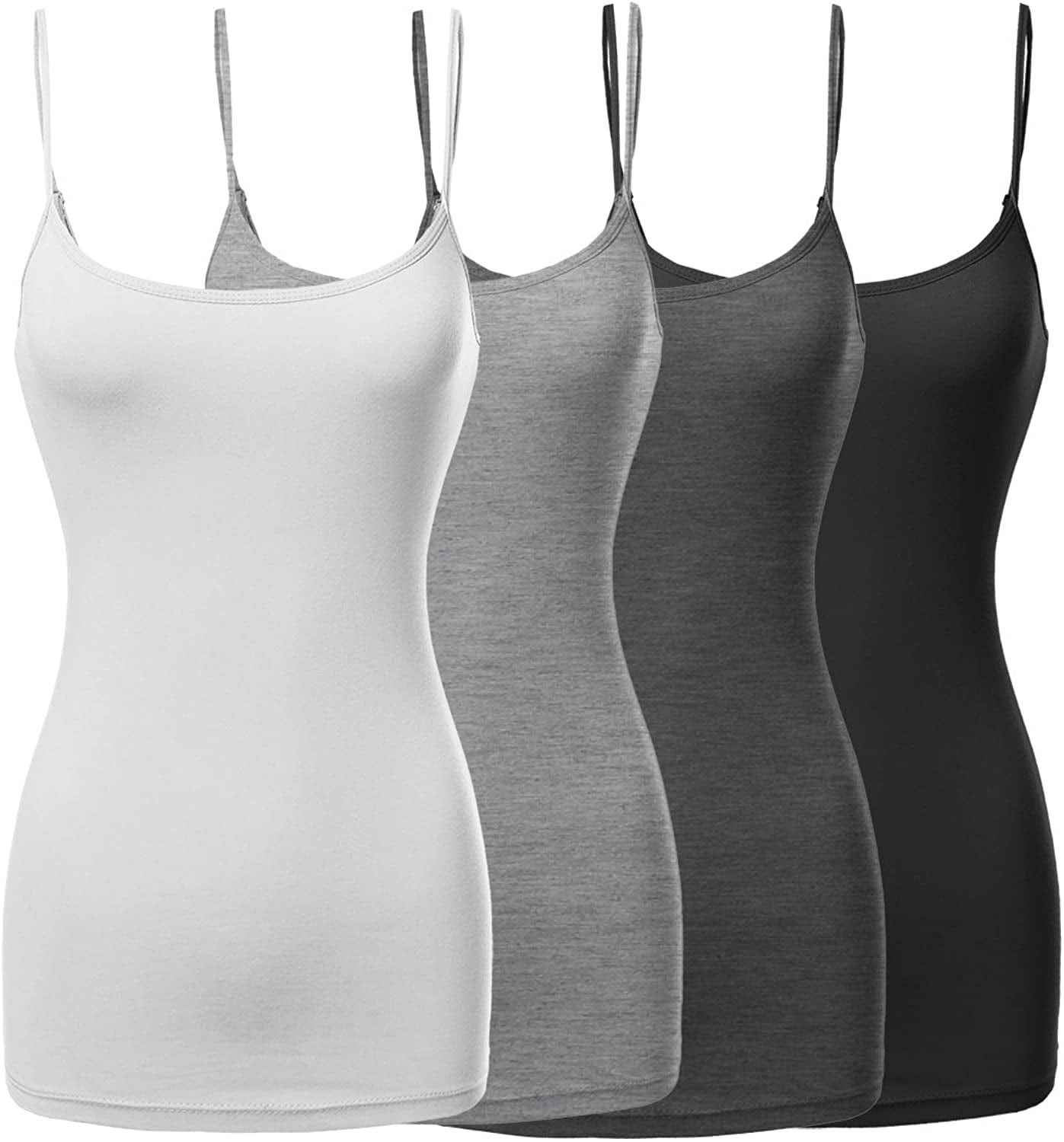 Women'S Basic Solid Long Length Adjustable Spaghetti Strap Tank Top [4PACK] Fwttk045 Black/White/Hgrey/Charcoal / X-Large