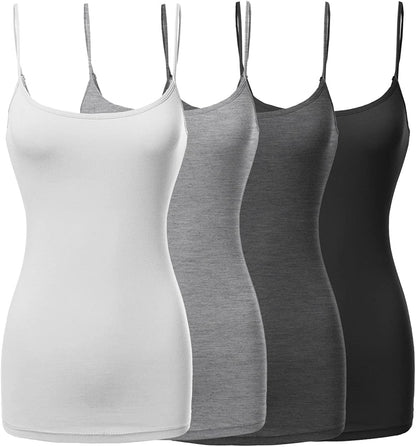 Women'S Basic Solid Long Length Adjustable Spaghetti Strap Tank Top [4PACK] Fwttk045 Black/White/Hgrey/Charcoal / X-Large
