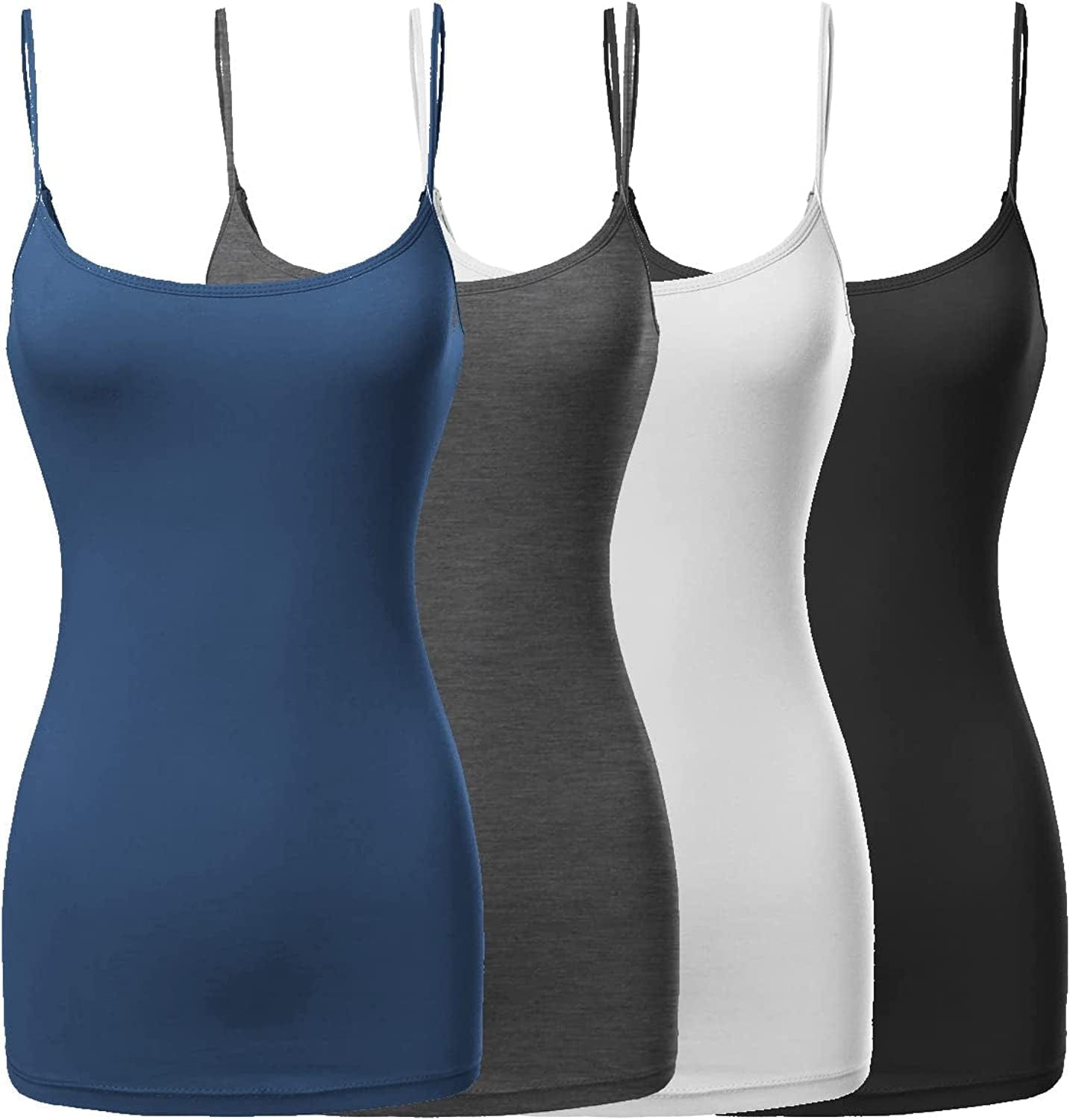 Women'S Basic Solid Long Length Adjustable Spaghetti Strap Tank Top [4PACK] Fwttk045 Black/White/Charcoal/Midnight Blue / X-Large
