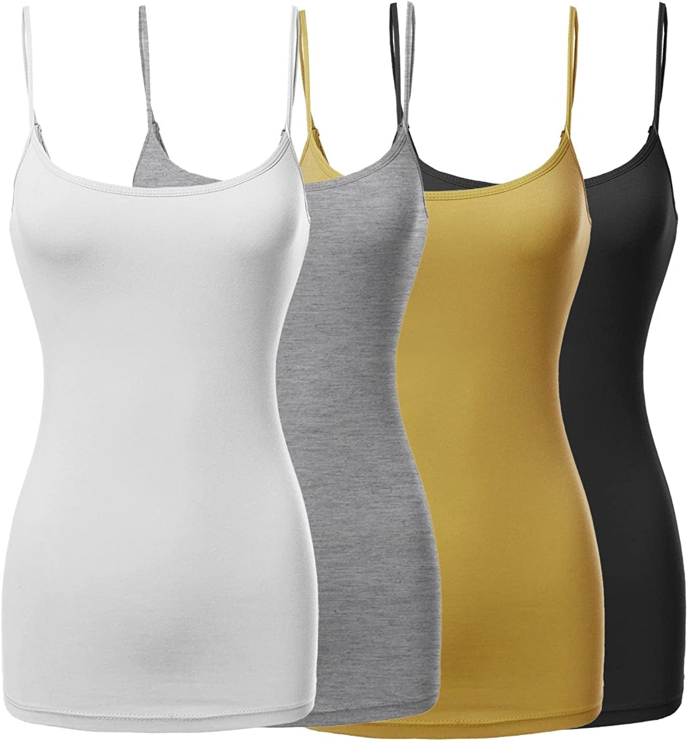 Women'S Basic Solid Long Length Adjustable Spaghetti Strap Tank Top [4PACK] Fwttk045 Black/White/Hgrey/Goldmustard / X-Large