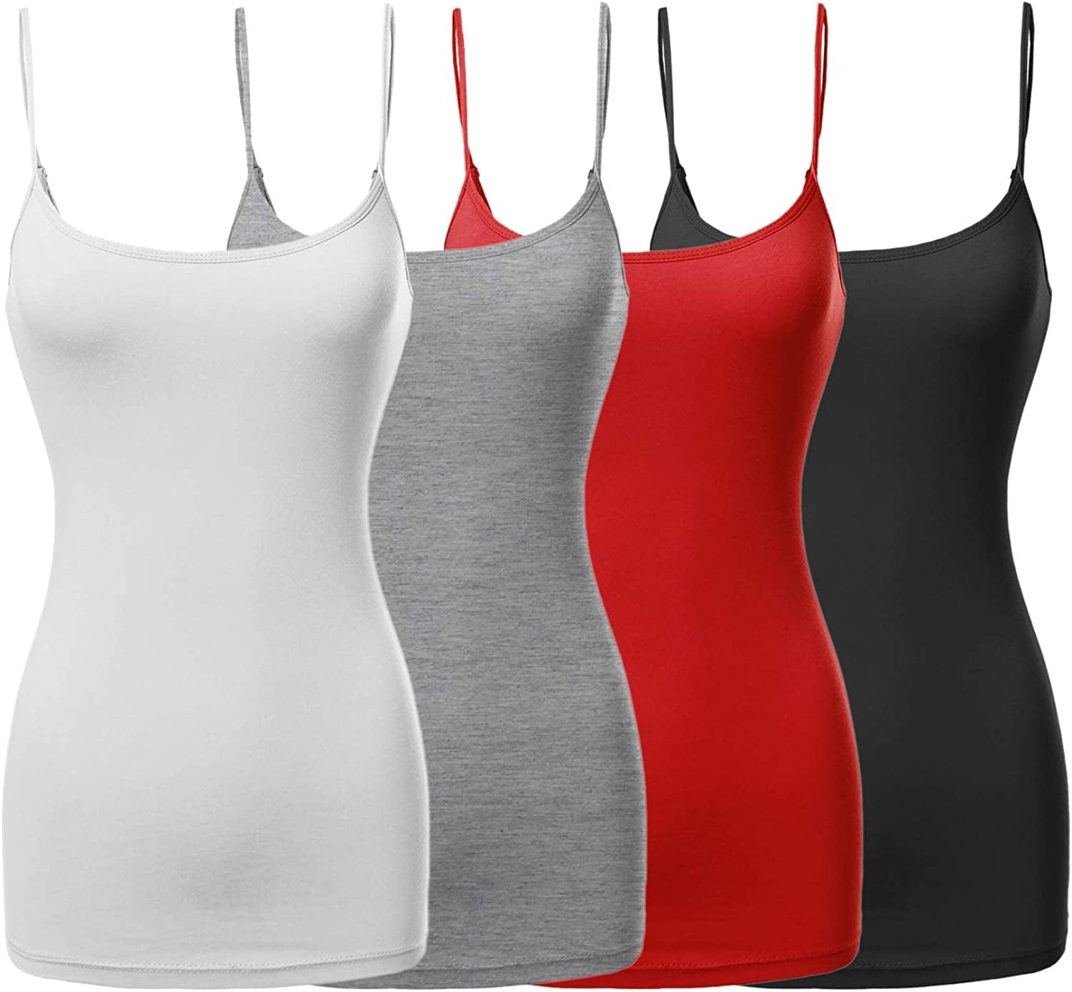 Women'S Basic Solid Long Length Adjustable Spaghetti Strap Tank Top [4PACK] Fwttk045 Black/White/Hgrey/Classic Red / X-Large