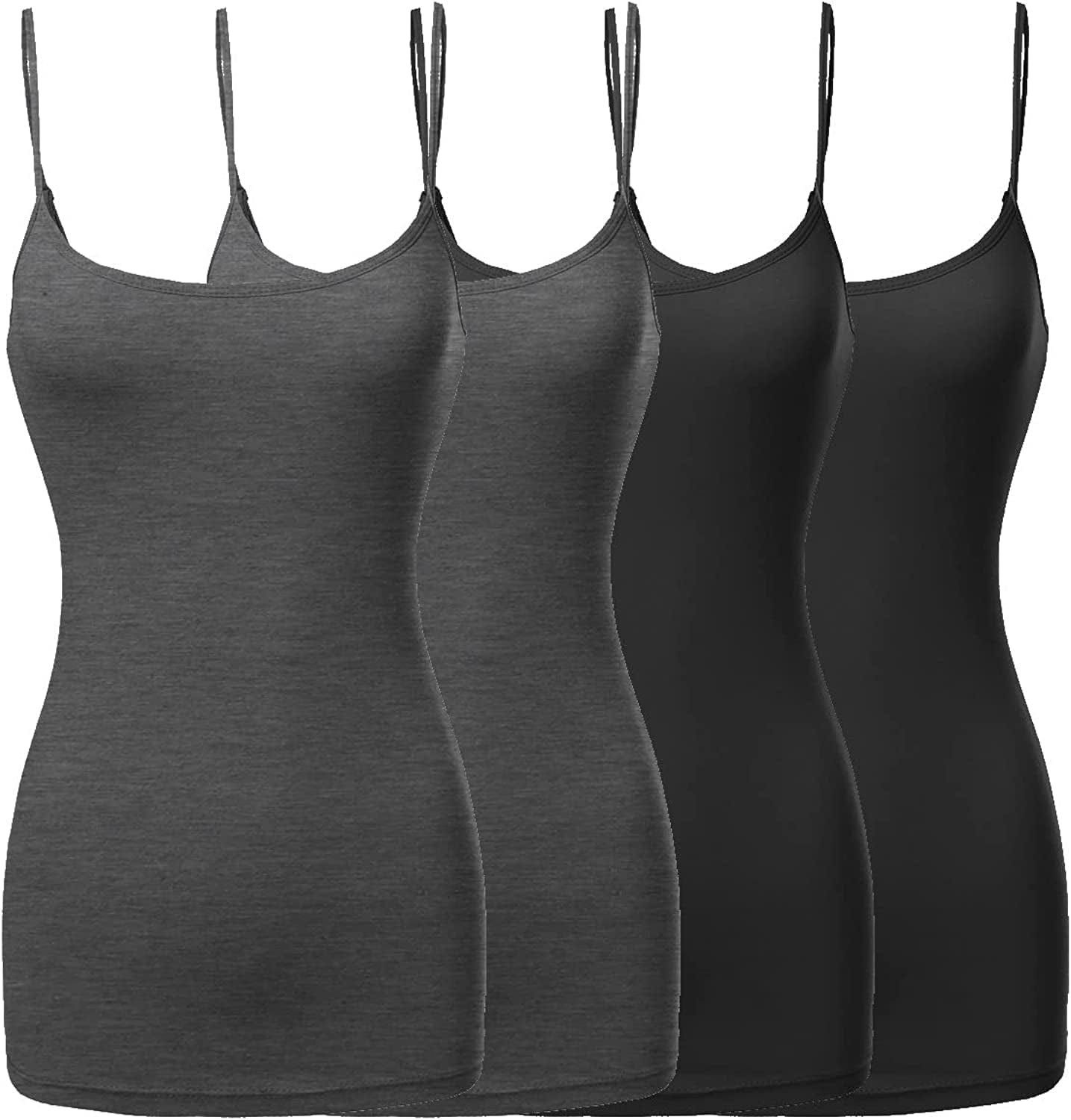 Women'S Basic Solid Long Length Adjustable Spaghetti Strap Tank Top [4PACK] Fwttk045 2black/2charcoal Grey / X-Large