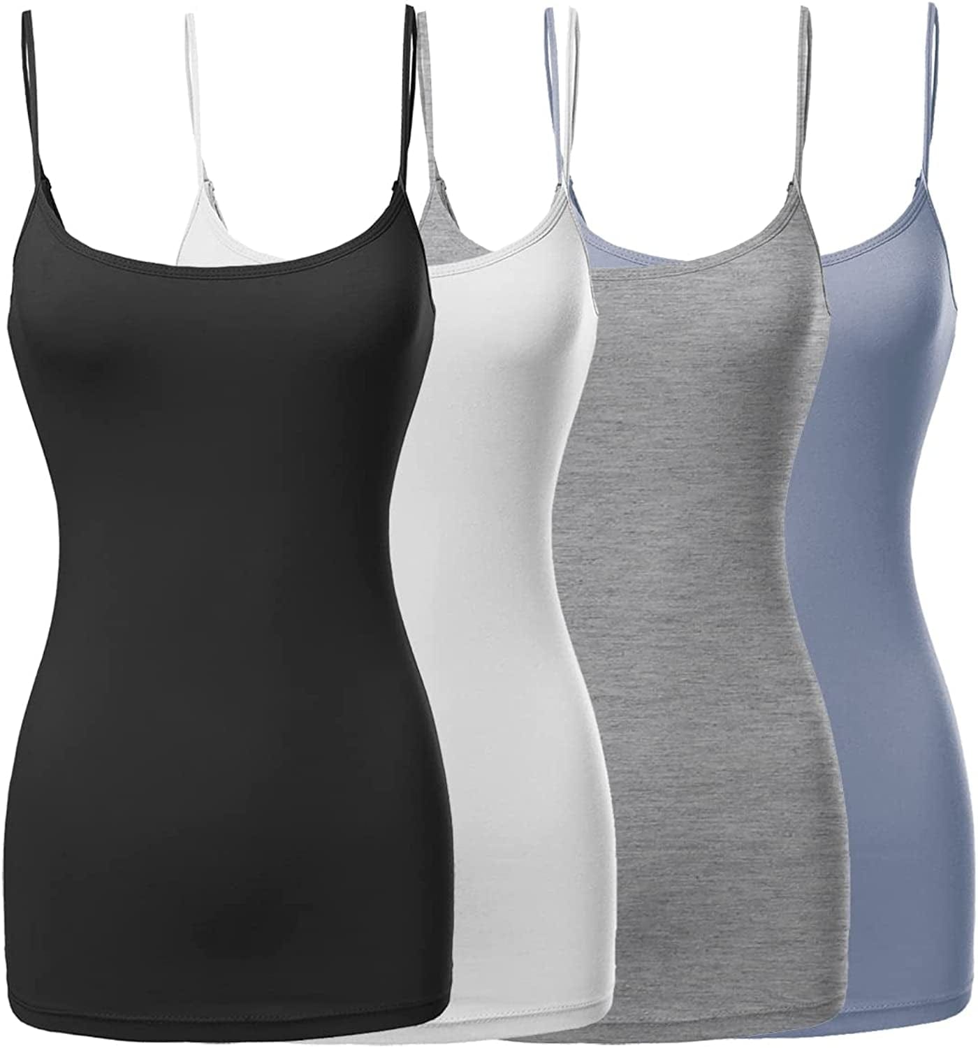 Women'S Basic Solid Long Length Adjustable Spaghetti Strap Tank Top [4PACK] Fwttk045 Black / White / Hgrey / Articblue / XX-Large
