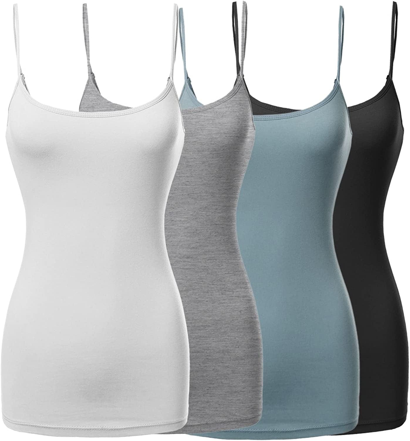 Women'S Basic Solid Long Length Adjustable Spaghetti Strap Tank Top [4PACK]