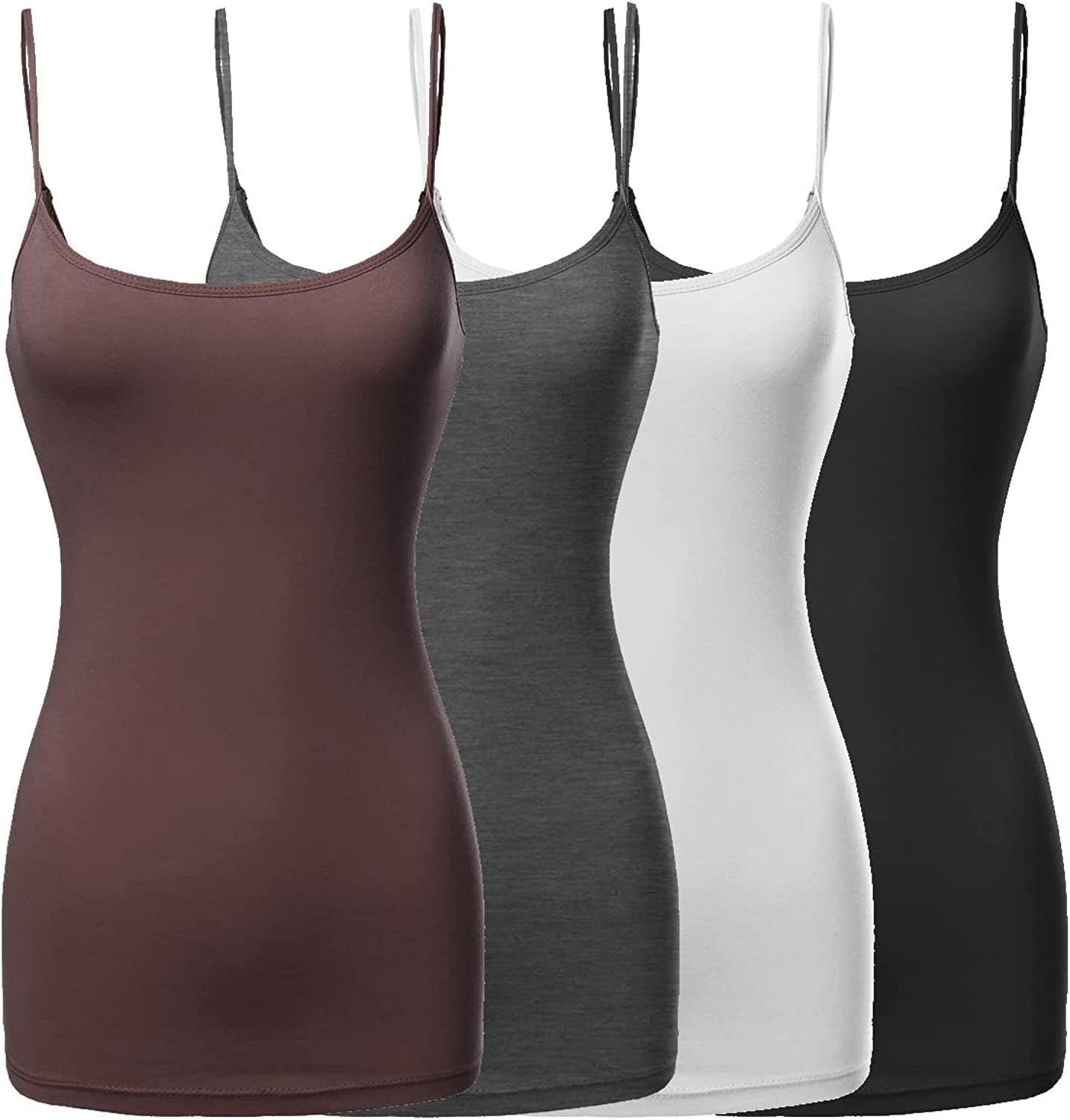 Women'S Basic Solid Long Length Adjustable Spaghetti Strap Tank Top [4PACK]