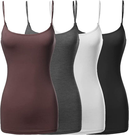 Women'S Basic Solid Long Length Adjustable Spaghetti Strap Tank Top [4PACK]