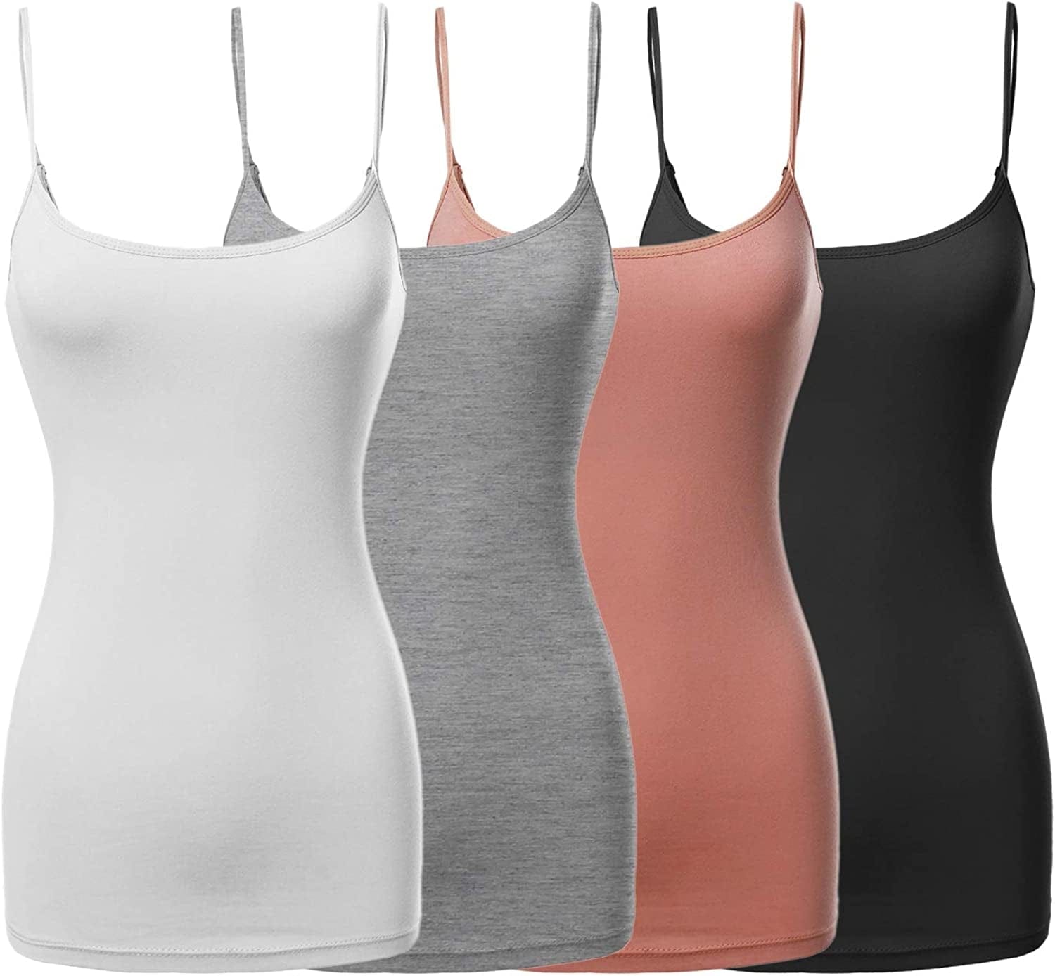 Women'S Basic Solid Long Length Adjustable Spaghetti Strap Tank Top [4PACK]