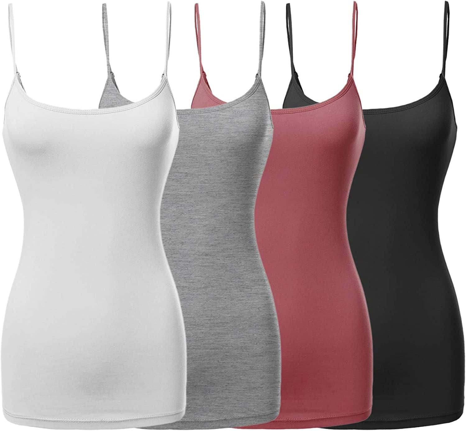 Women'S Basic Solid Long Length Adjustable Spaghetti Strap Tank Top [4PACK]