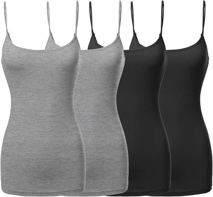Women'S Basic Solid Long Length Adjustable Spaghetti Strap Tank Top [4PACK]