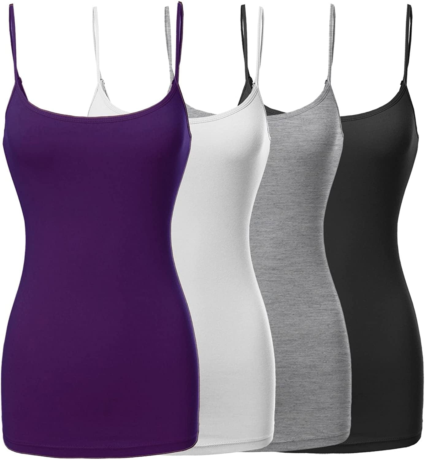 Women'S Basic Solid Long Length Adjustable Spaghetti Strap Tank Top [4PACK]
