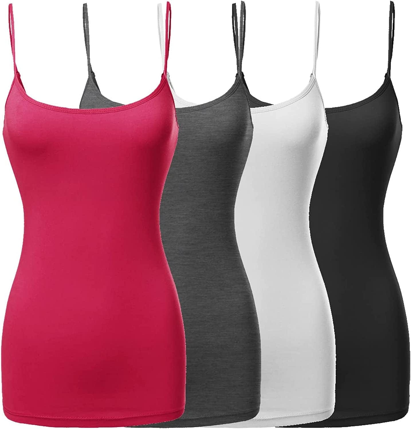 Women'S Basic Solid Long Length Adjustable Spaghetti Strap Tank Top [4PACK]