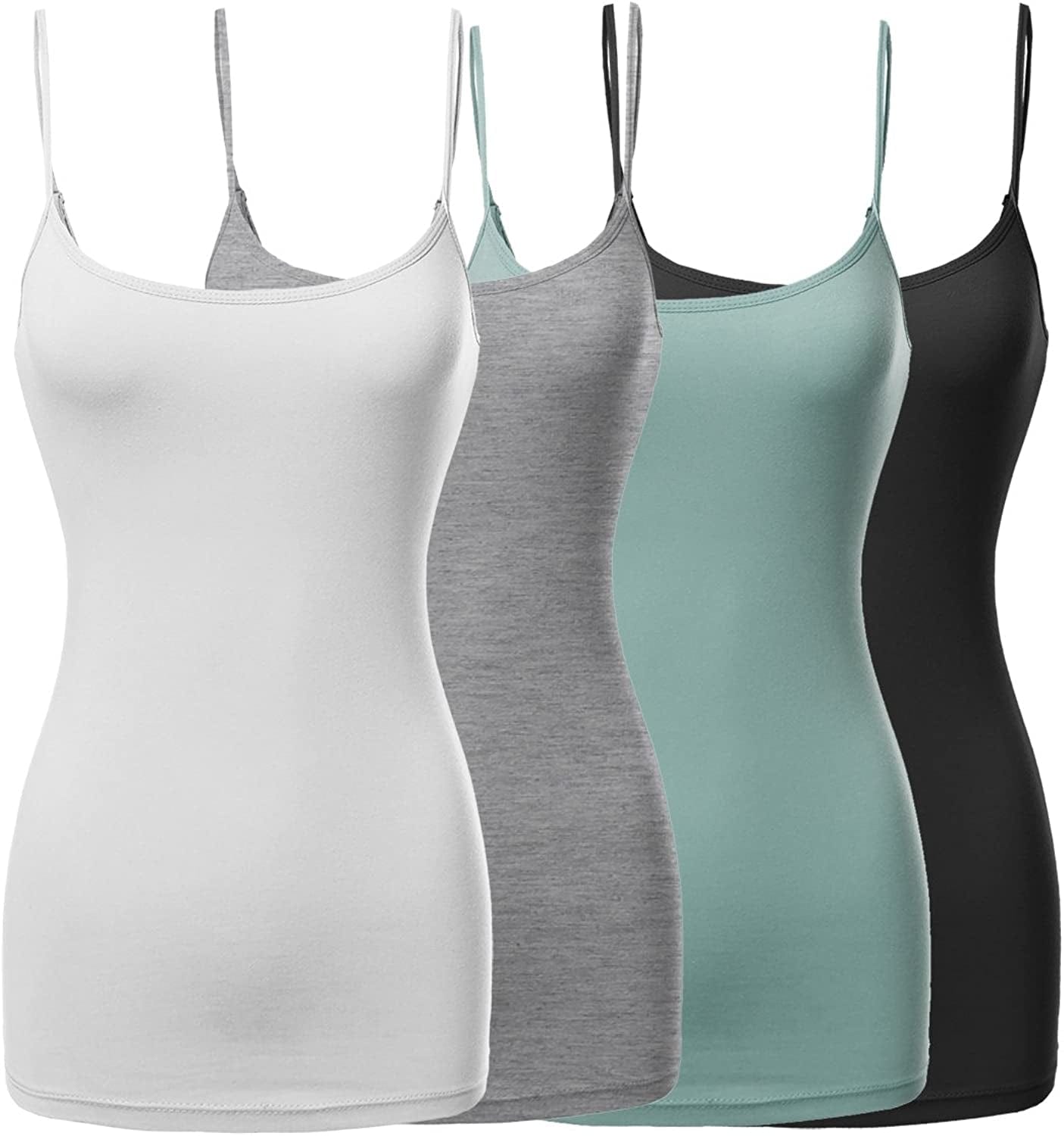 Women'S Basic Solid Long Length Adjustable Spaghetti Strap Tank Top [4PACK]