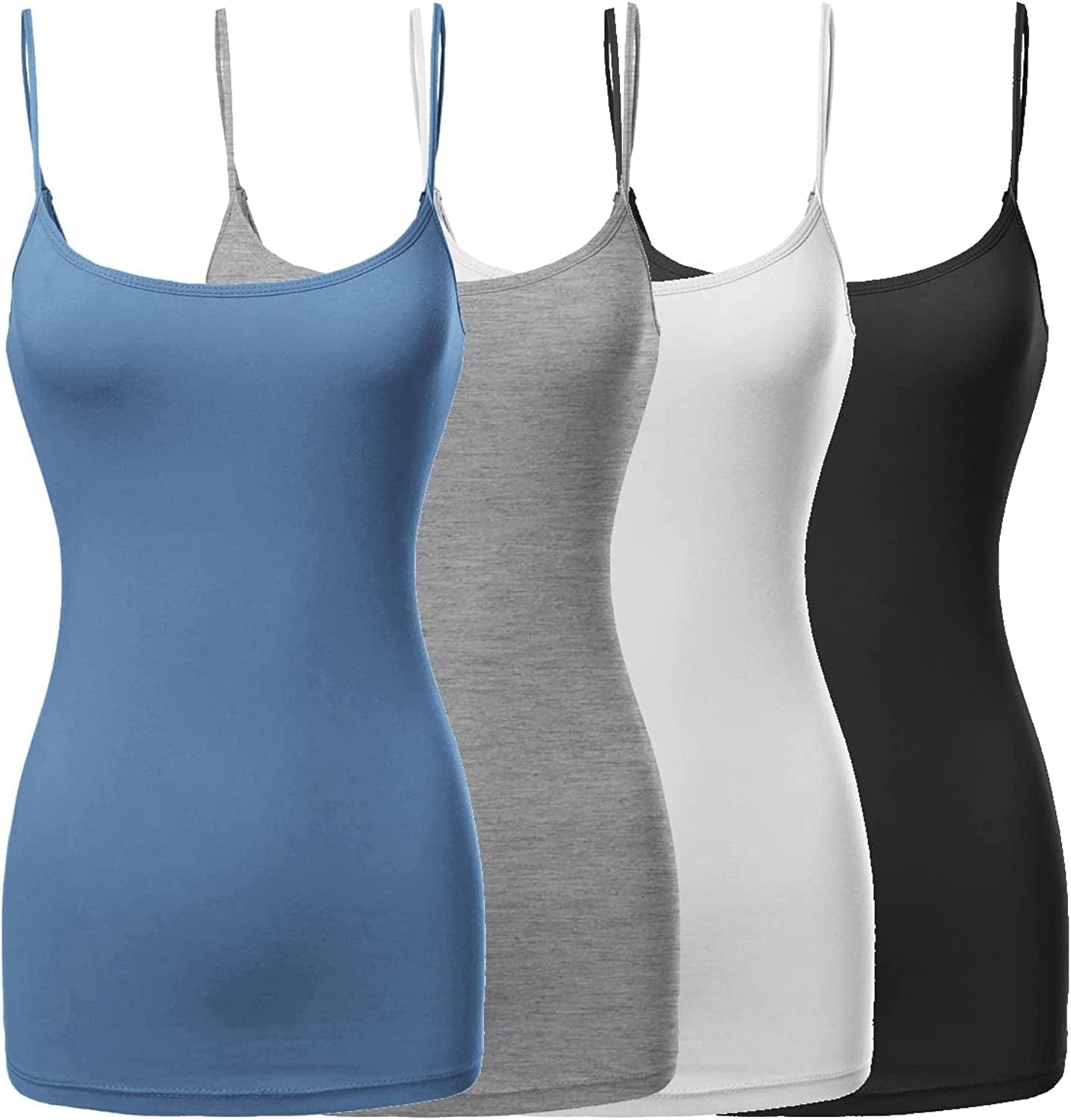Women'S Basic Solid Long Length Adjustable Spaghetti Strap Tank Top [4PACK]