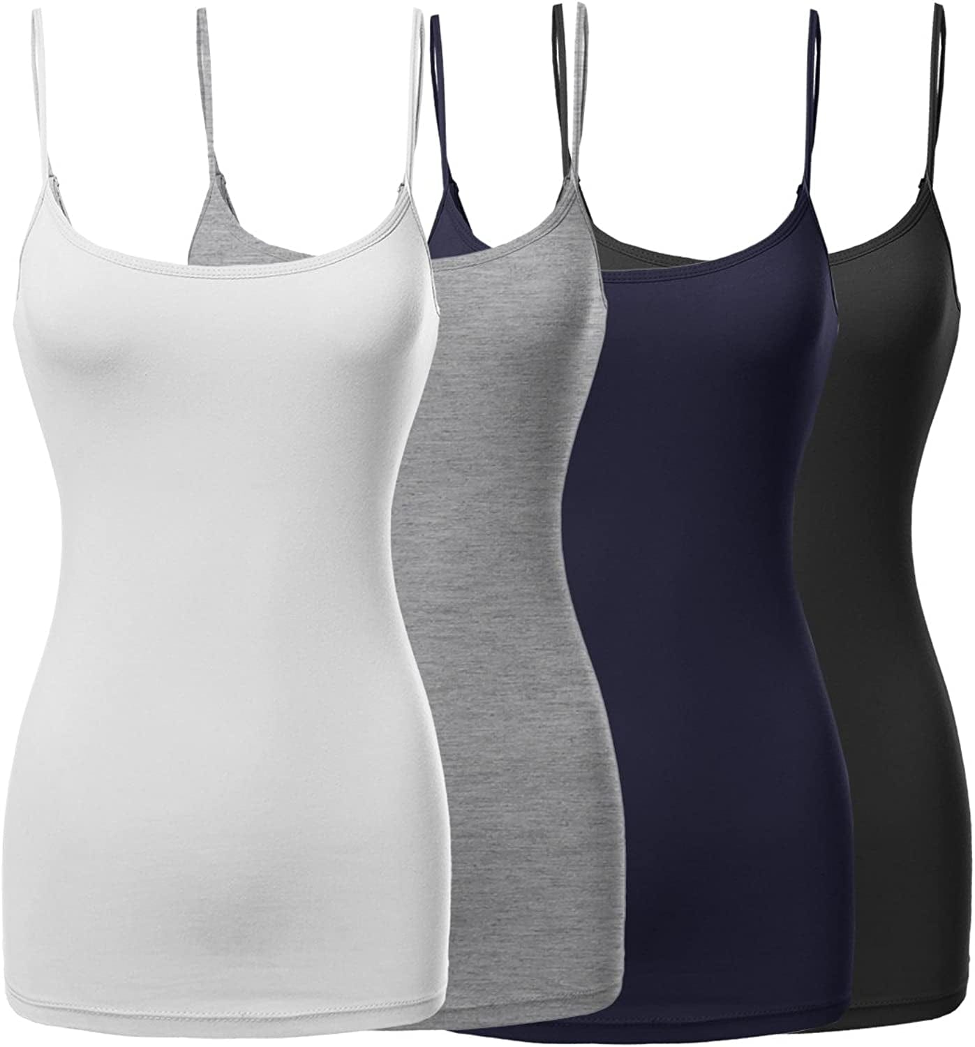 Women'S Basic Solid Long Length Adjustable Spaghetti Strap Tank Top [4PACK]