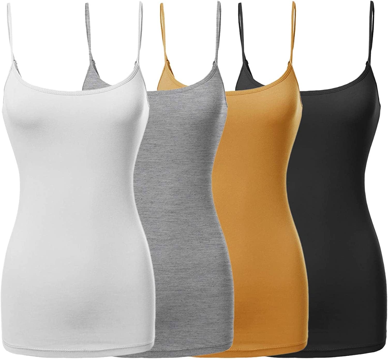 Women'S Basic Solid Long Length Adjustable Spaghetti Strap Tank Top [4PACK]