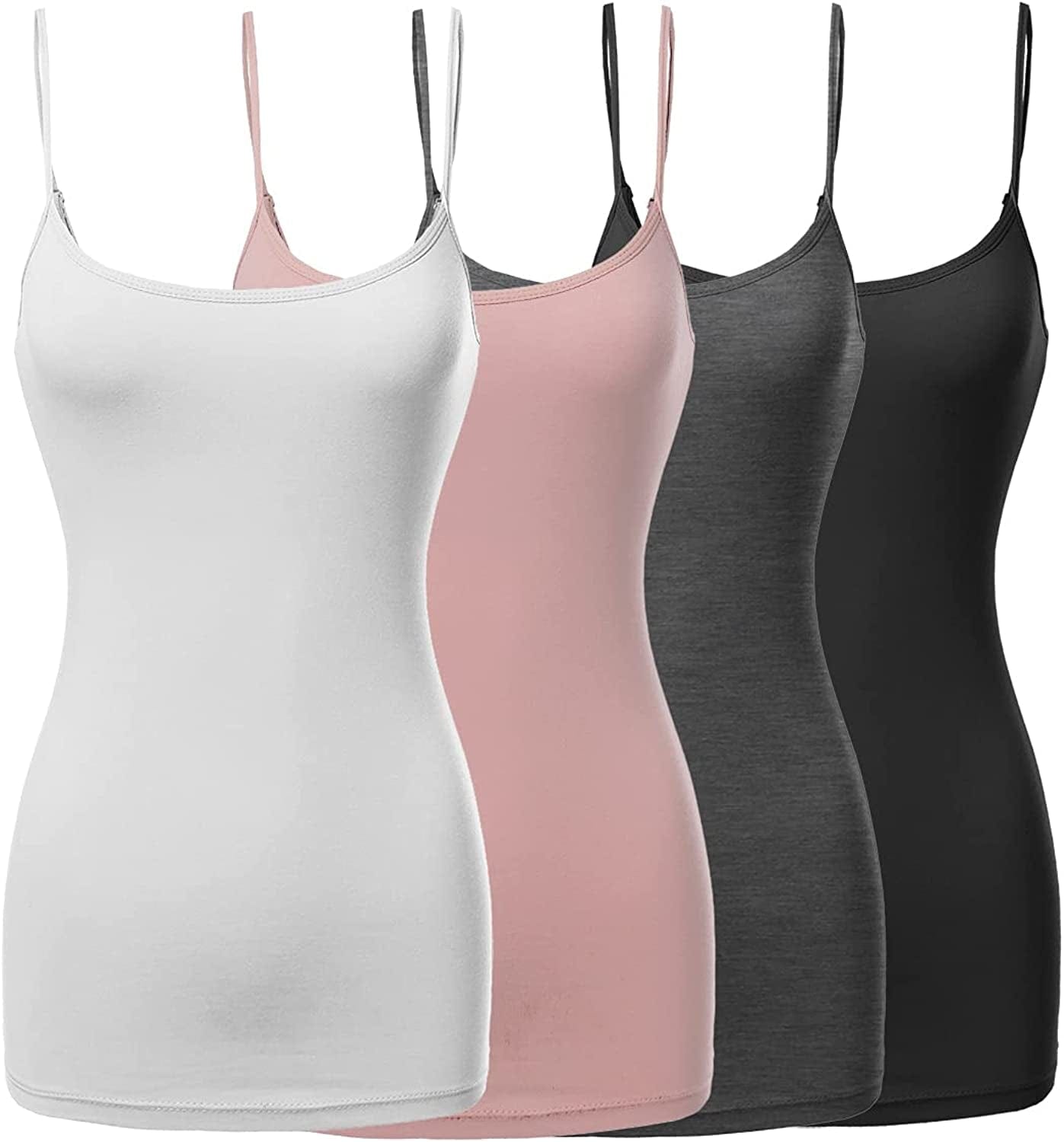 Women'S Basic Solid Long Length Adjustable Spaghetti Strap Tank Top [4PACK]