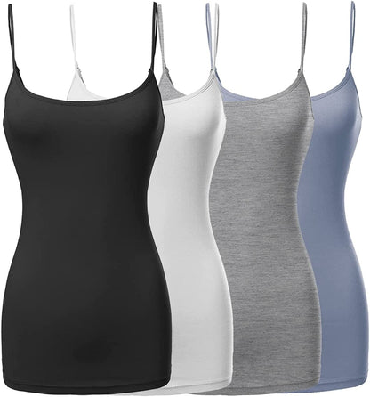 Women'S Basic Solid Long Length Adjustable Spaghetti Strap Tank Top [4PACK]