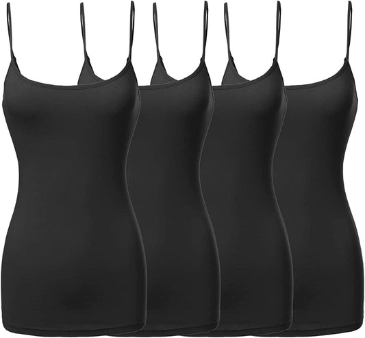 Women'S Basic Solid Long Length Adjustable Spaghetti Strap Tank Top [4PACK]