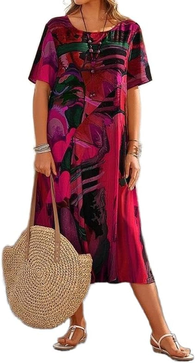 Women'S Boho Floral Loose Midi Tshirt Dress Casual Baggy Summer Short Sleeve Beach Vacation Dresses plus Size Red / 3X-Large