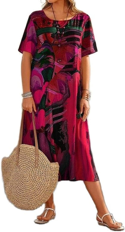 Women'S Boho Floral Loose Midi Tshirt Dress Casual Baggy Summer Short Sleeve Beach Vacation Dresses plus Size Red / 3X-Large