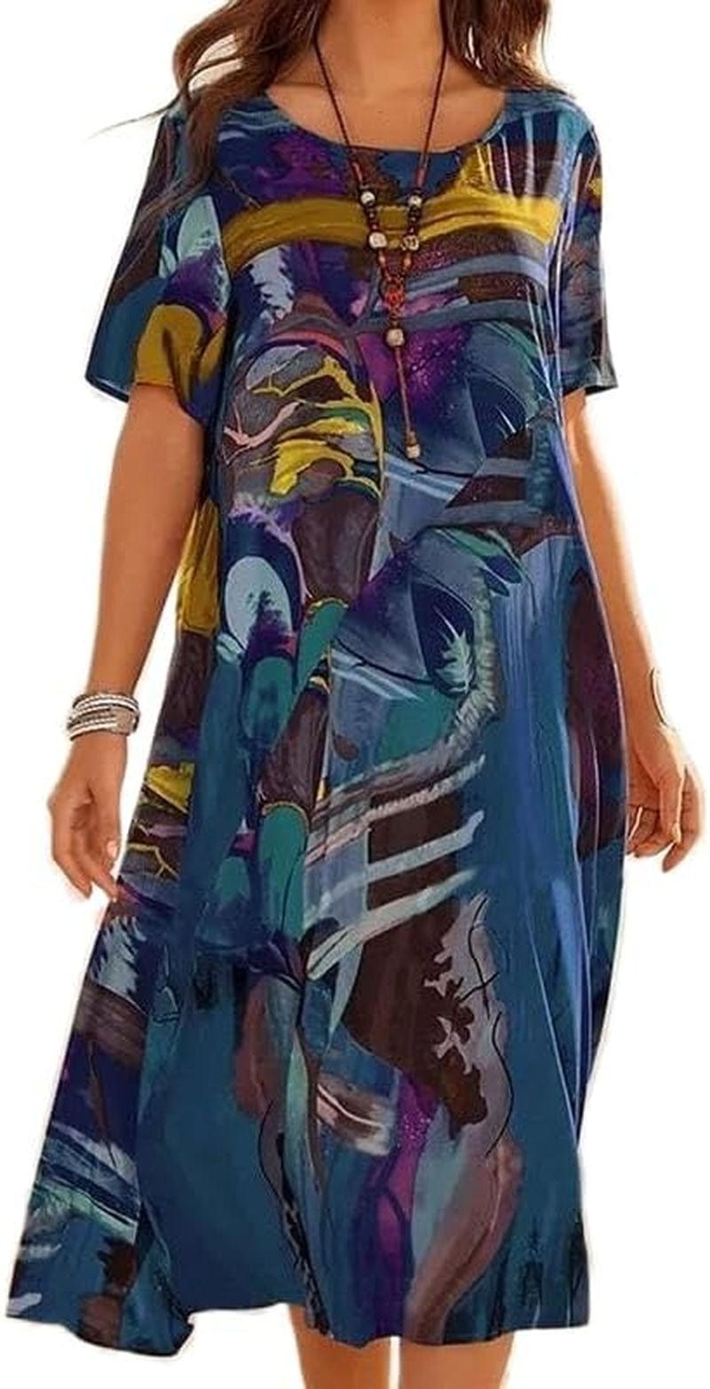 Women'S Boho Floral Loose Midi Tshirt Dress Casual Baggy Summer Short Sleeve Beach Vacation Dresses plus Size Dark Blue / 3X-Large