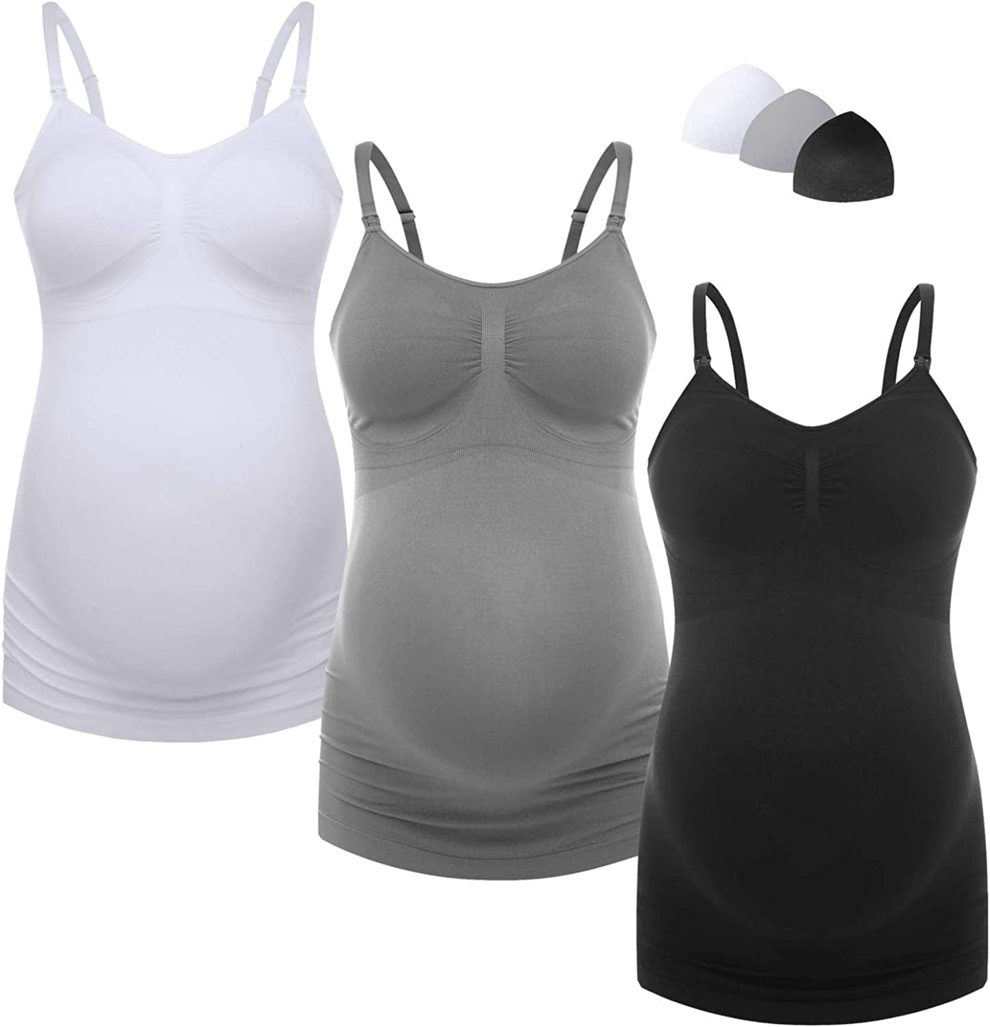 Women'S Breast Feeding Tops,Maternity Nursing Cami with Build in Shelf Bra 3Pack 19 Latest Verison: 3 Pack Grey/Black/White / Large