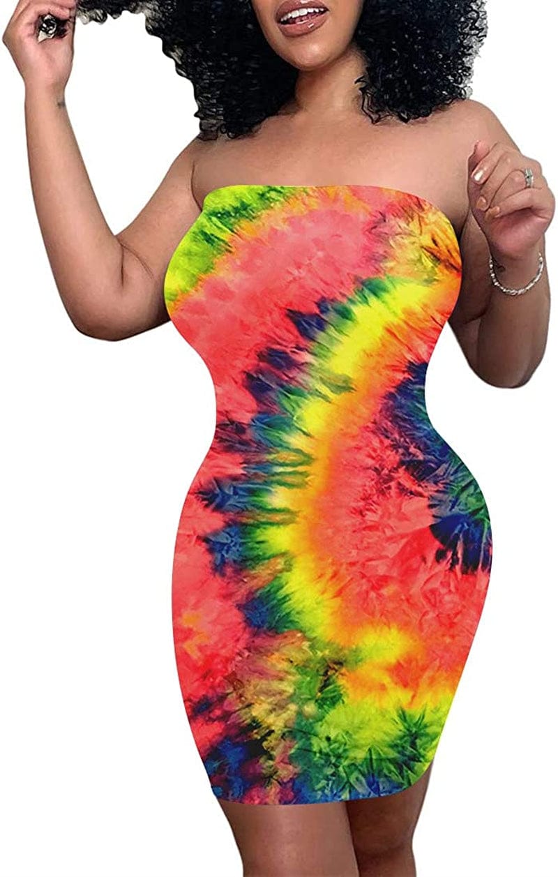 Women'S Casual Basic Bodycon Tube Top Sexy Strapless Club Party Mini Dress Z1-tie-dye Multicoloured / Medium