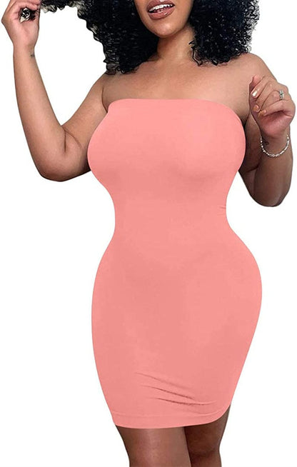 Women'S Casual Basic Bodycon Tube Top Sexy Strapless Club Party Mini Dress Water Pink / Medium