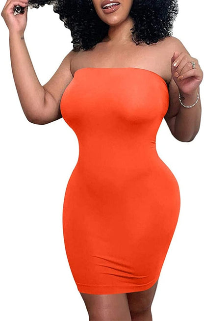 Women'S Casual Basic Bodycon Tube Top Sexy Strapless Club Party Mini Dress Orange / Small