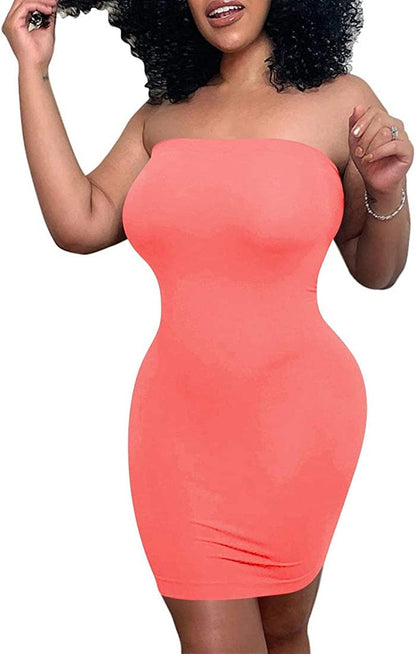 Women'S Casual Basic Bodycon Tube Top Sexy Strapless Club Party Mini Dress Fluo-pink / X-Small
