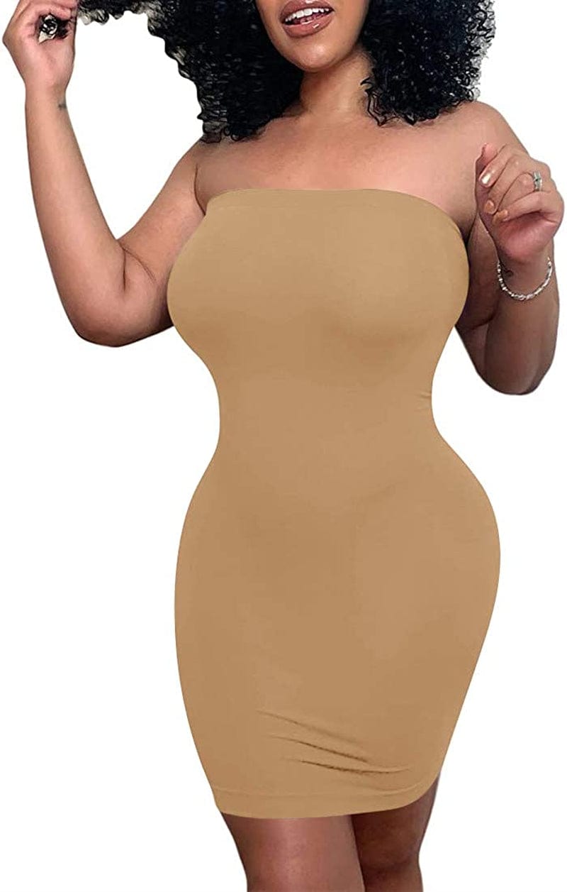 Women'S Casual Basic Bodycon Tube Top Sexy Strapless Club Party Mini Dress Khaki / Small