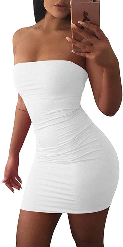 Women'S Casual Basic Bodycon Tube Top Sexy Strapless Club Party Mini Dress