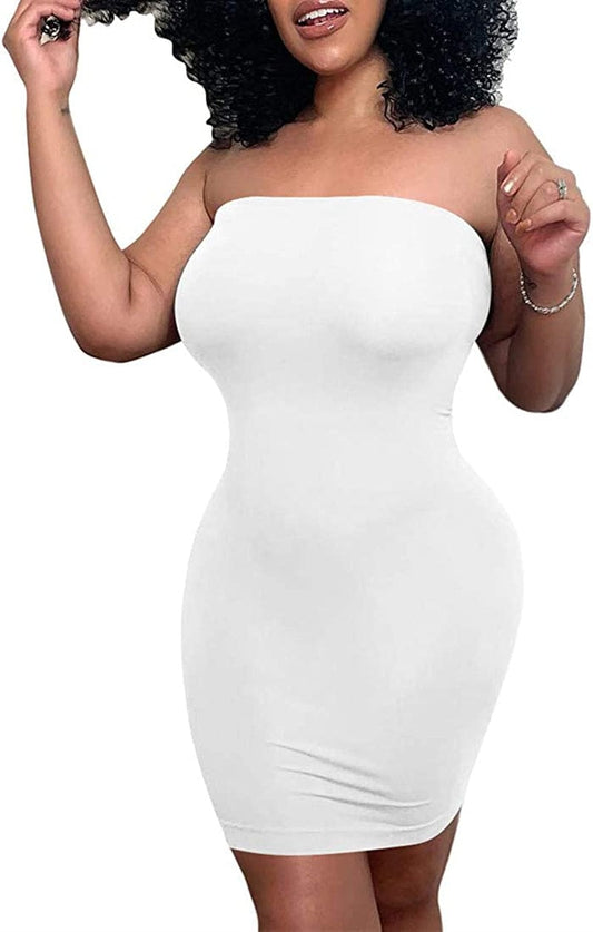Women'S Casual Basic Bodycon Tube Top Sexy Strapless Club Party Mini Dress White / Small