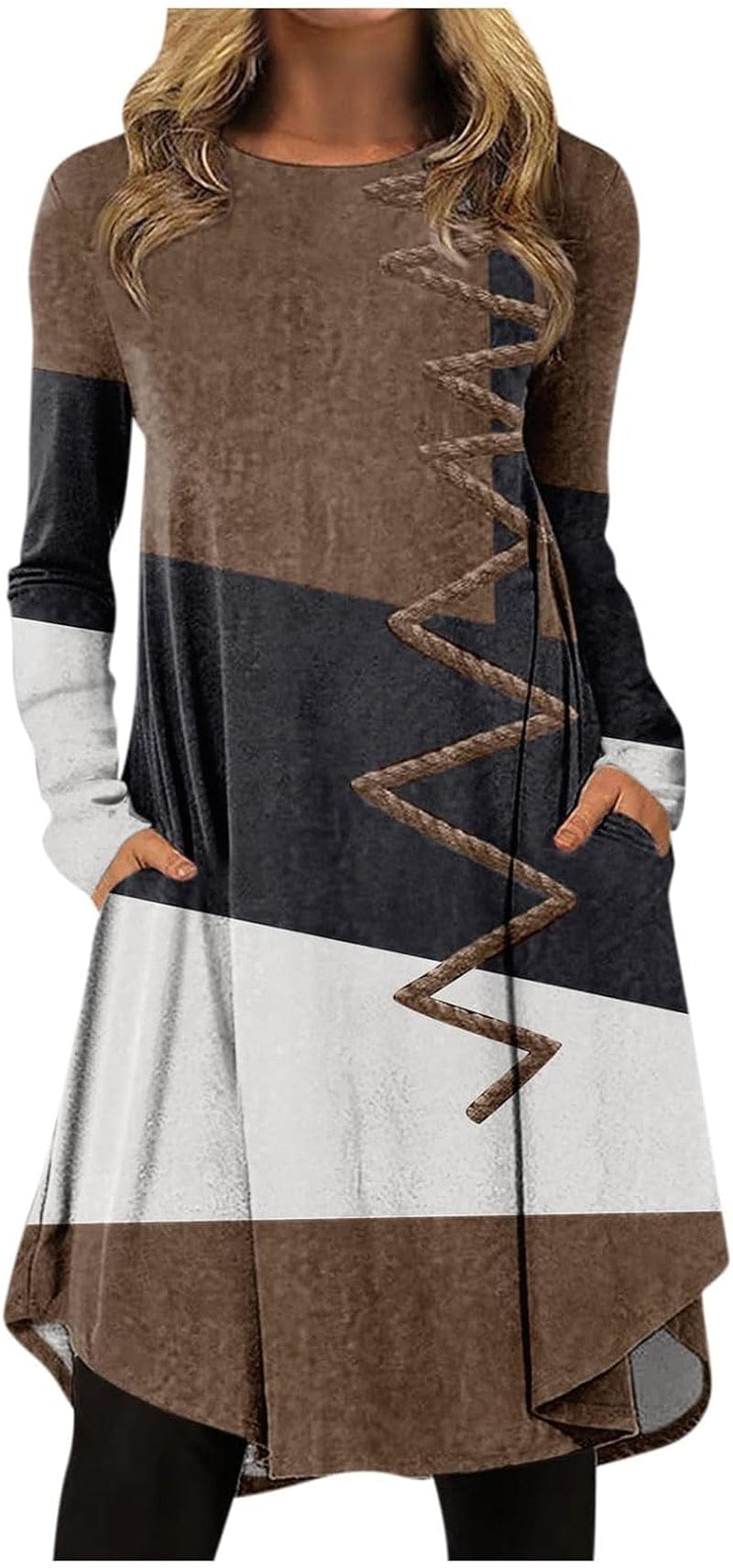 Women'S Christmas Dresses 2023 Fashion Casual Printed round Neck Pullover Loose Long Sleeve Dress Brown / 3X-Large