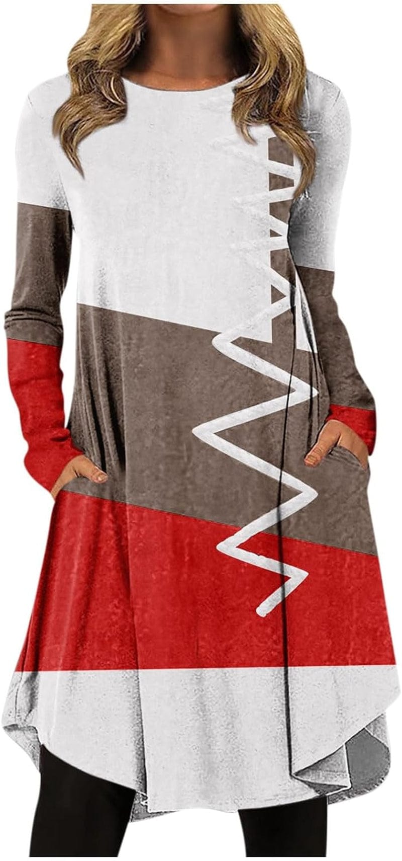 Women'S Christmas Dresses 2023 Fashion Casual Printed round Neck Pullover Loose Long Sleeve Dress White / Small