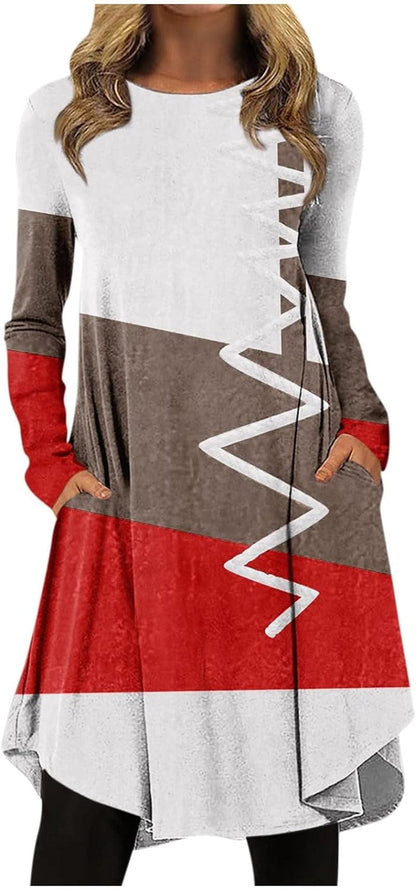 Women'S Christmas Dresses 2023 Fashion Casual Printed round Neck Pullover Loose Long Sleeve Dress White / X-Large