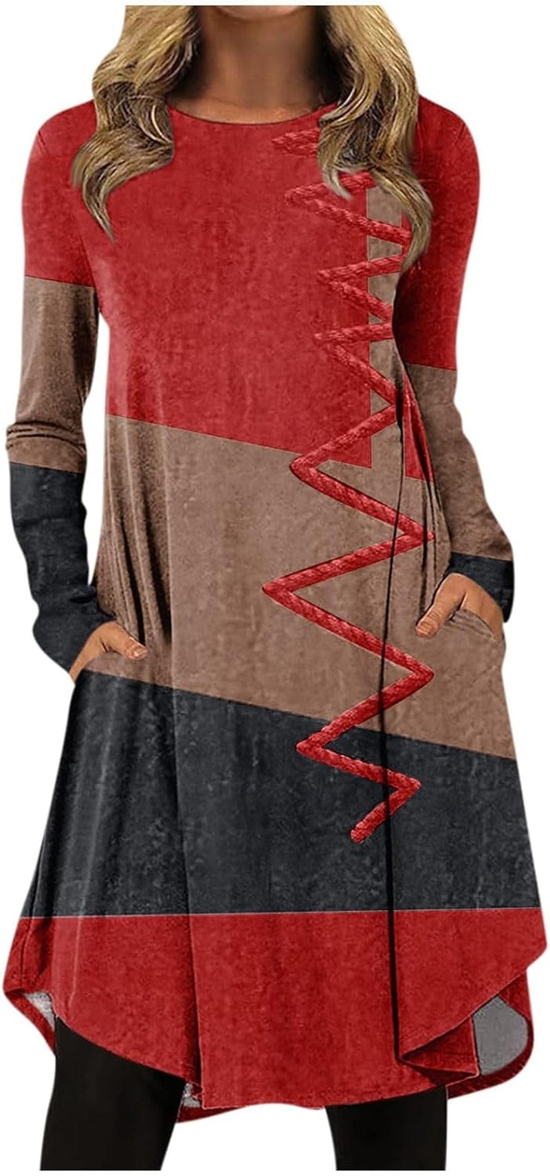 Women'S Christmas Dresses 2023 Fashion Casual Printed round Neck Pullover Loose Long Sleeve Dress Red / X-Large