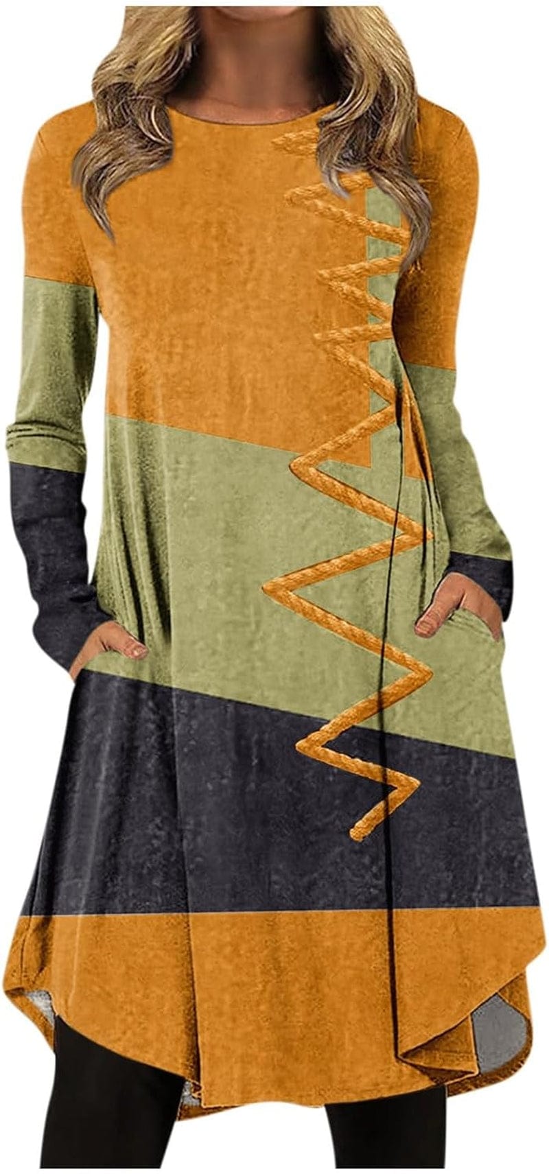 Women'S Christmas Dresses 2023 Fashion Casual Printed round Neck Pullover Loose Long Sleeve Dress Green / X-Large