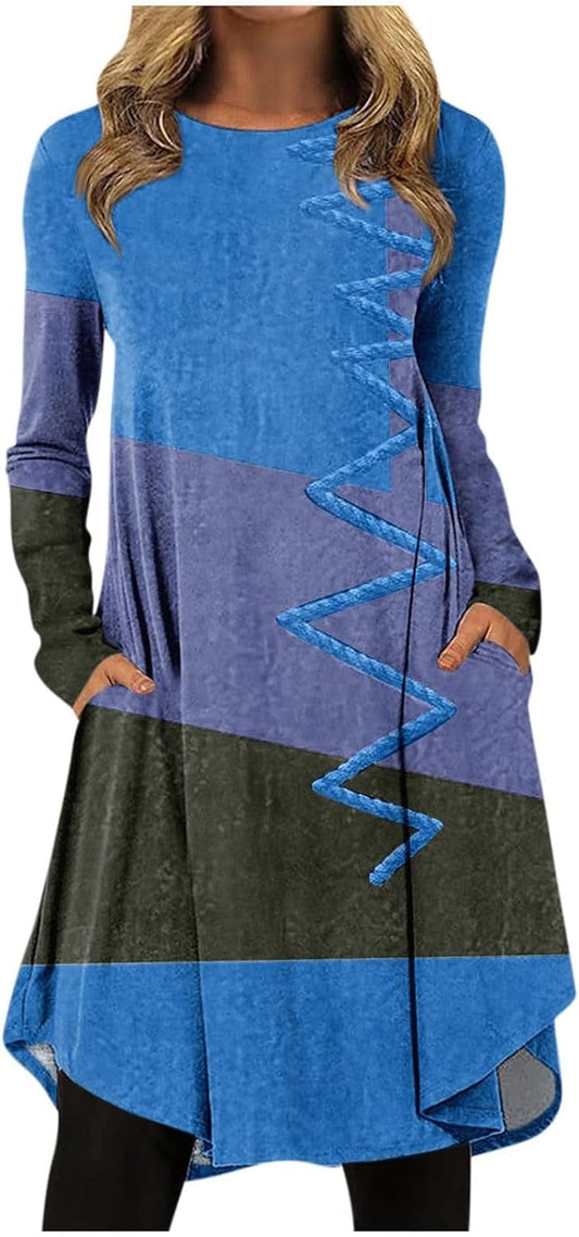 Women'S Christmas Dresses 2023 Fashion Casual Printed round Neck Pullover Loose Long Sleeve Dress