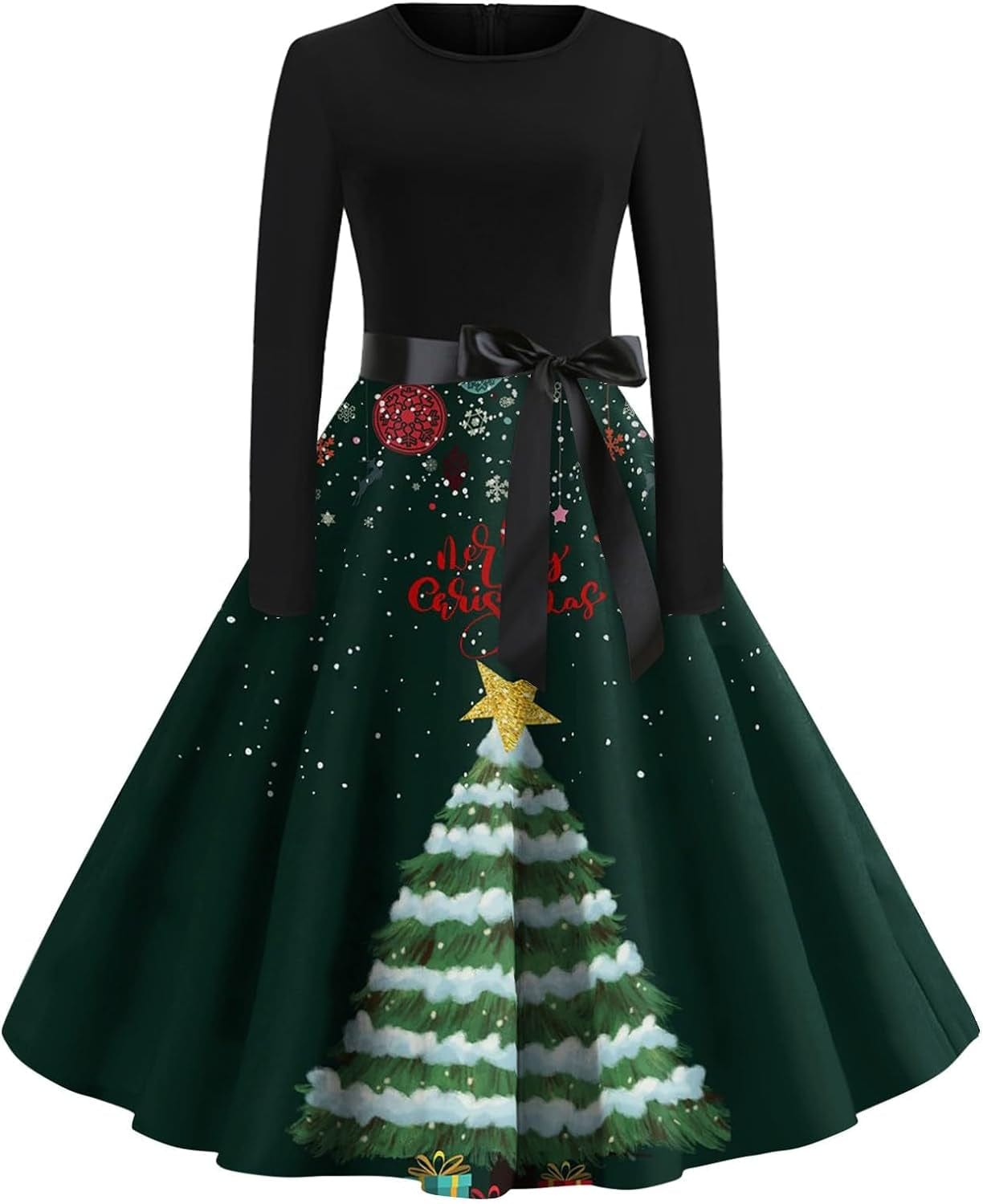 Women'S Christmas Dresses Vintage Casual Fashion round Neck Long Sleeve Printed Dresses, S-2XL Dark Green / Large