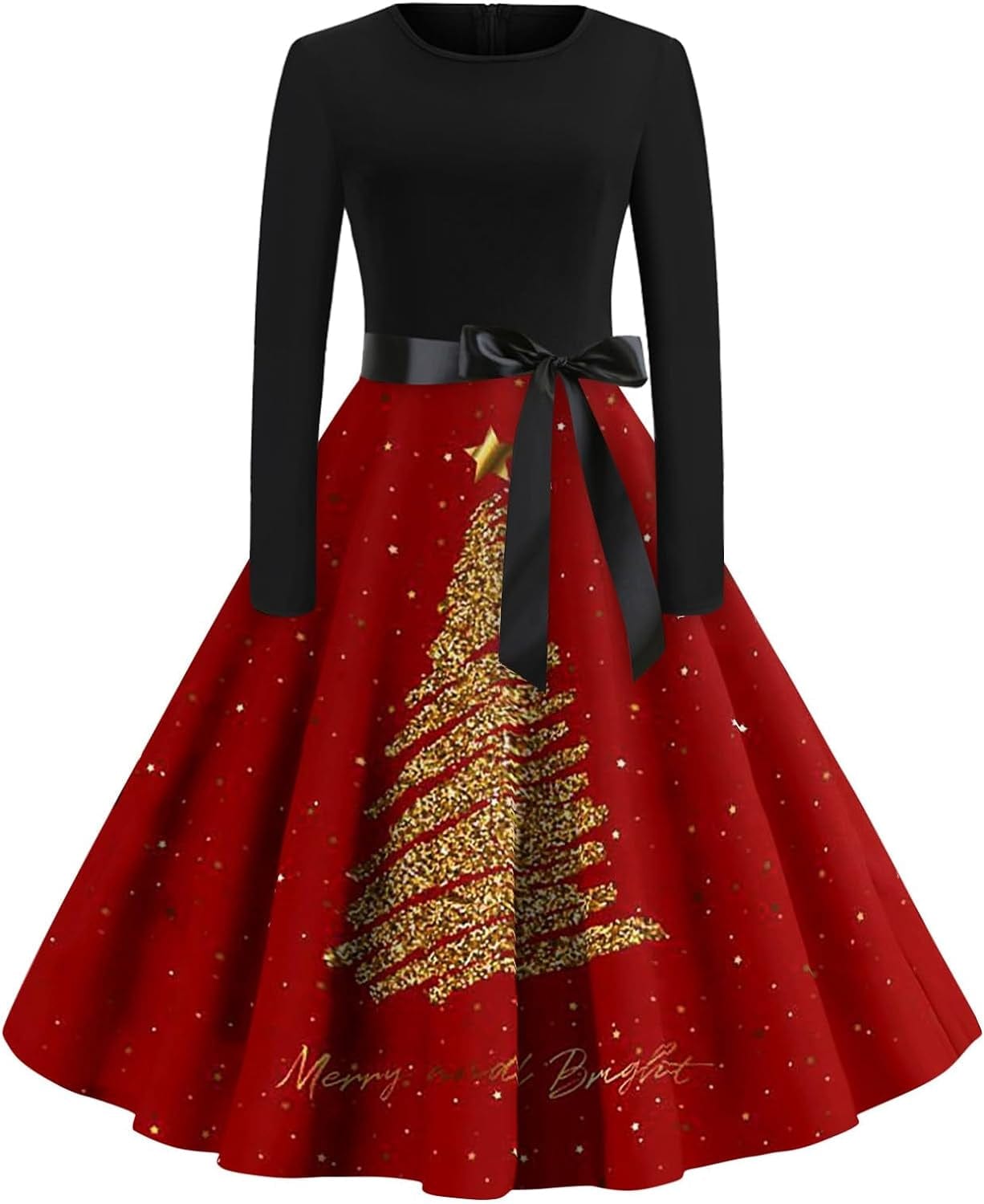 Women'S Christmas Dresses Vintage Casual Fashion round Neck Long Sleeve Printed Dresses, S-2XL Red / X-Large