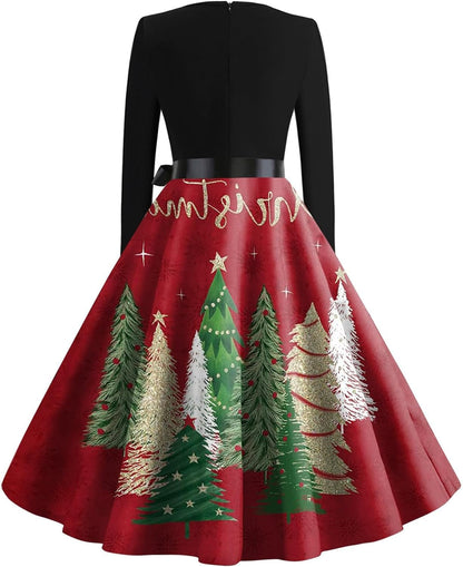Women'S Christmas Dresses Vintage Casual Fashion round Neck Long Sleeve Printed Dresses, S-2XL