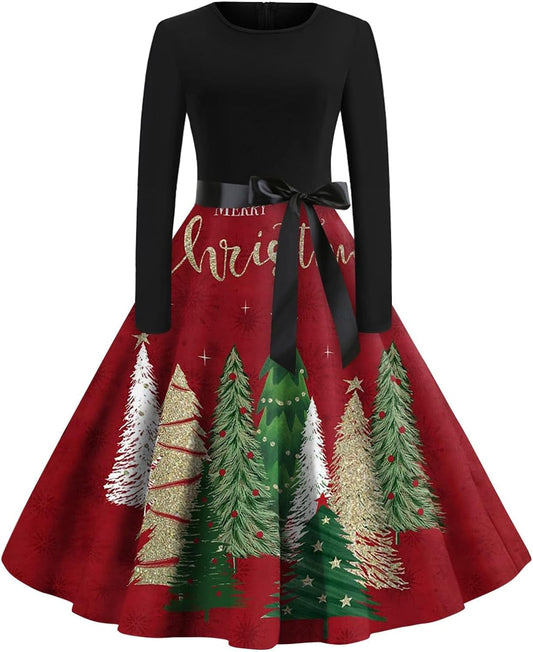 Women'S Christmas Dresses Vintage Casual Fashion round Neck Long Sleeve Printed Dresses, S-2XL