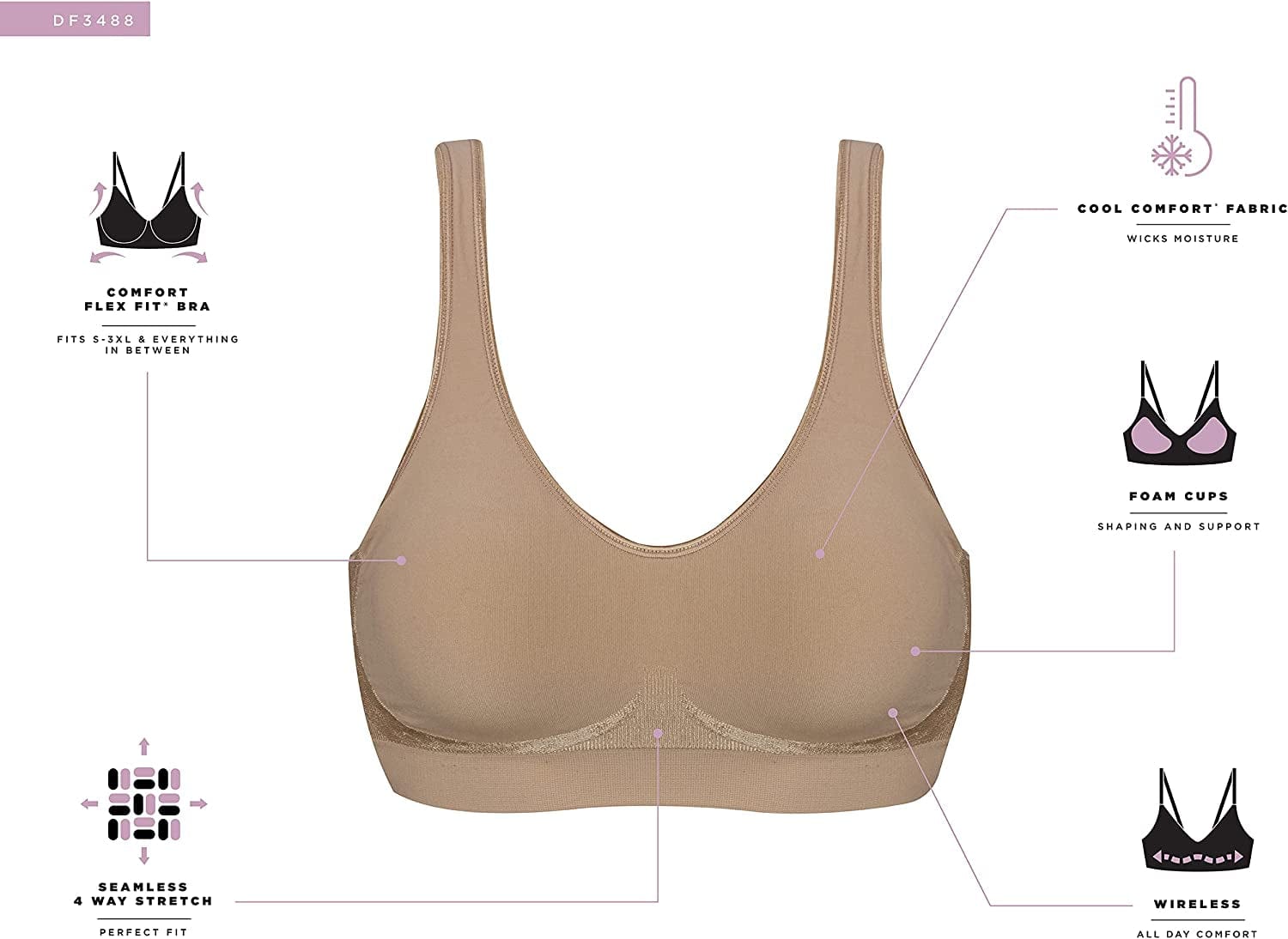 Women'S Comfort Revolution Full-Coverage Wireless Bra, Foam Wirefree T-Shirt Bra, DF3488