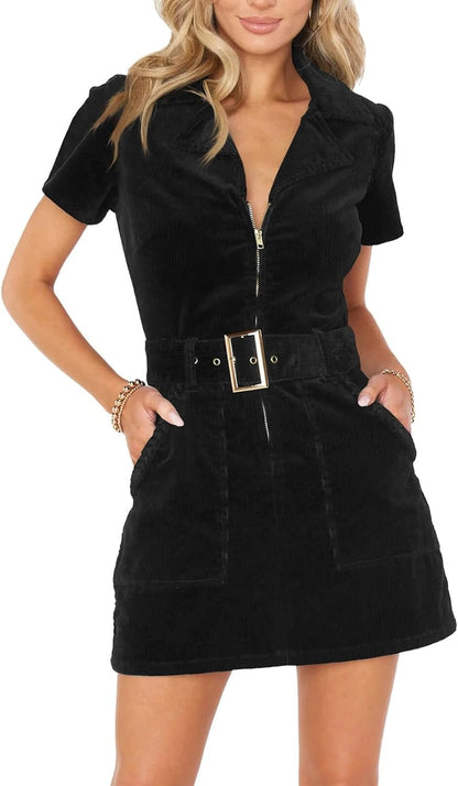 Women'S Corduroy Mini Dress Short Sleeve Lapel Zip up Belted Cowgirl Dresses with Pockets Black / X-Large