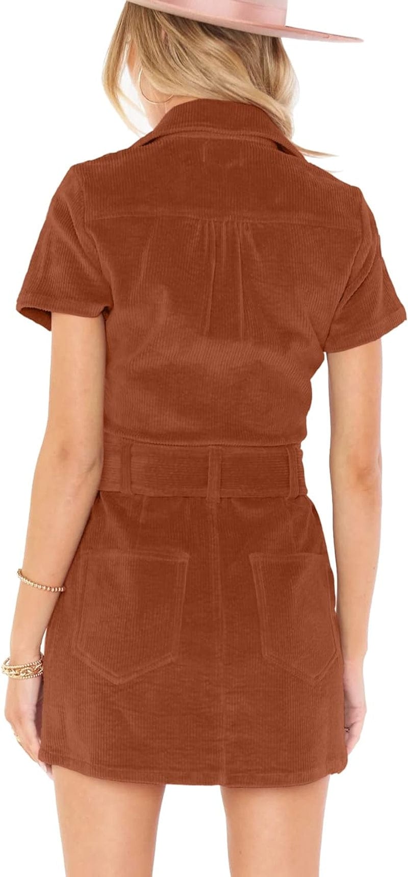 Women'S Corduroy Mini Dress Short Sleeve Lapel Zip up Belted Cowgirl Dresses with Pockets