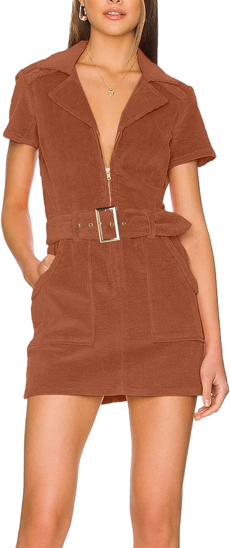Women'S Corduroy Mini Dress Short Sleeve Lapel Zip up Belted Cowgirl Dresses with Pockets